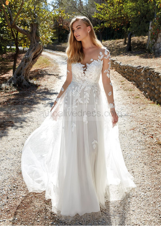 Long Sleeves Ivory Sequined Lace Chiffon Romantic Wedding Dress